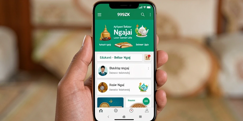 Screenshot utama 999ZK yang menunjukkan antarmuka aplikasi Belajar Ngaji yang interaktif.