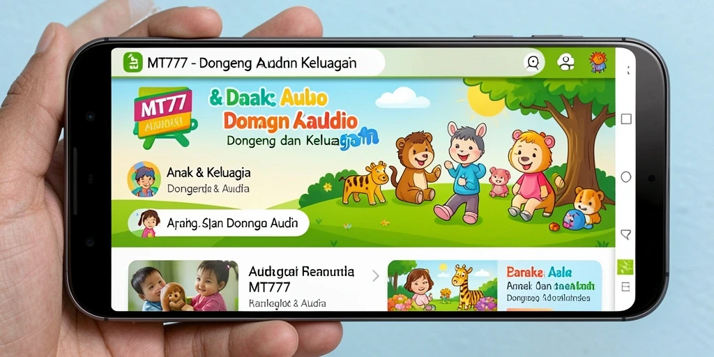 Antarmuka MT777 menampilkan berbagai pilihan dongeng audio untuk anak.